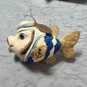Katherine's Collection Sailor Fish Ornament Nautical Glitter Anchor Tattoo Blue